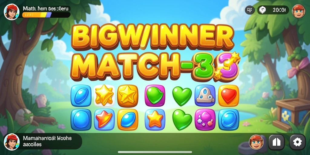 Screenshot utama BIGWINNER menampilkan aksi mencocokkan permata yang penuh warna.