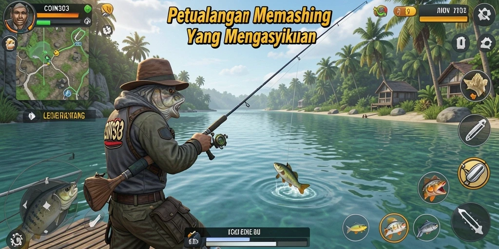 Screenshot COIN303 menampilkan aksi memancing yang seru dan pemandangan indah.