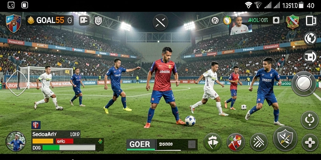 Tangkapan layar gameplay GOAL55 menunjukkan aksi kompetitif di lapangan.