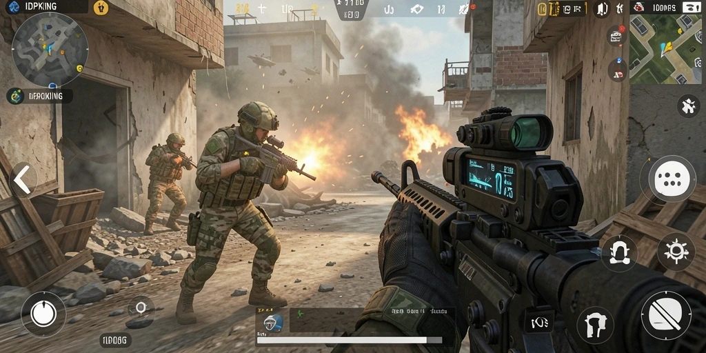 Screenshot gameplay IDPKING menampilkan pertempuran intens dalam mode FPS.