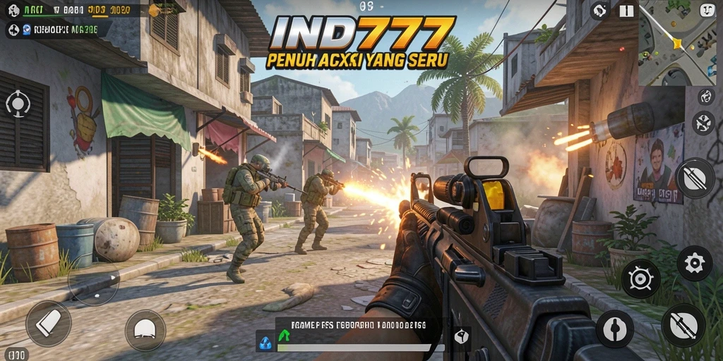 Screenshot utama IND777 menampilkan aksi intens dalam pertempuran FPS.