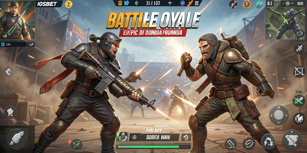 Screenshot utama IOSBET menampilkan momen intens dalam pertempuran Battle Royale.