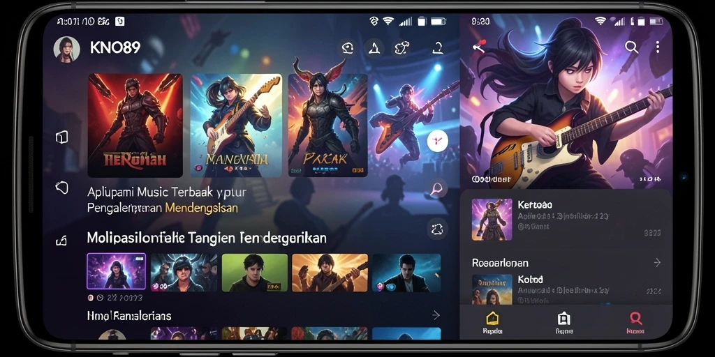 Screenshot KNO89 menampilkan tampilan antarmuka yang menarik dengan berbagai pilihan musik.