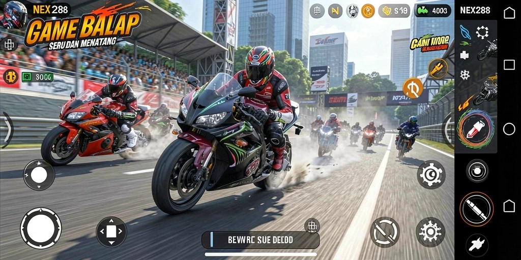 Screenshot gameplay NEX288 menampilkan balapan motor yang seru.