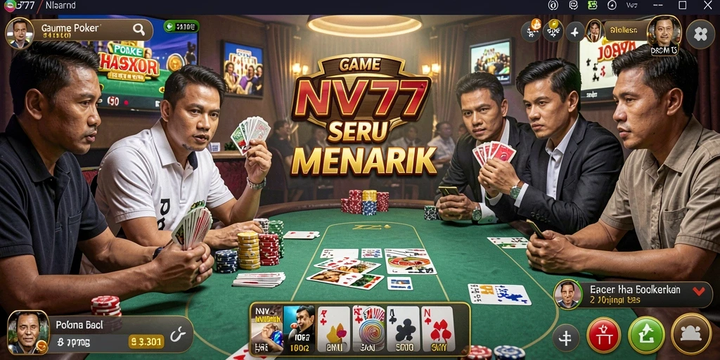 Tampilan gameplay seru dari NV77 yang menggambarkan suasana poker.