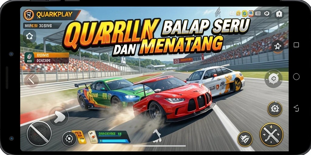 Tampilan utama gameplay <strong>QUARKPLAY</strong> yang menampilkan balapan seru di lintasan.