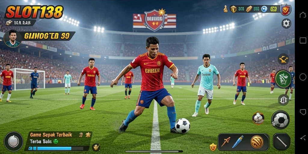 Screenshot utama SLOT138 menunjukkan aksi seru di lapangan sepak bola.